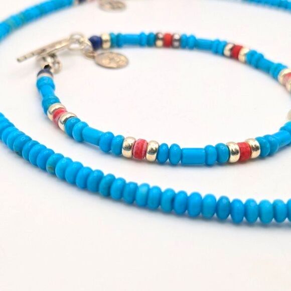Artisan Set Blue‎ Turquoise Lapis Lazuli Red Coral 925 Silver Necklace Bracelet - Picture 2 of 6